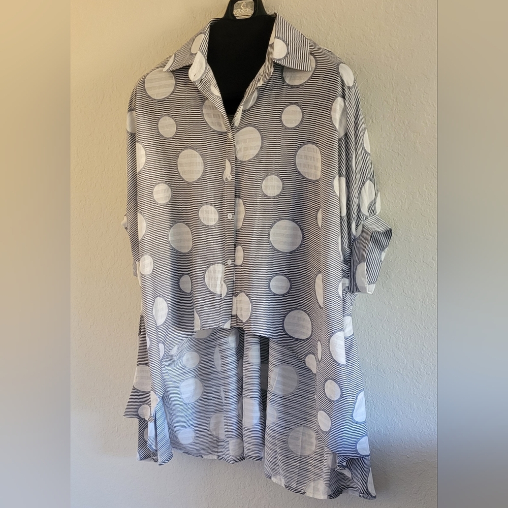 Patrizia Luca Striped and Polka Dot Button Down Shirt. Lagenlook. Oversized.